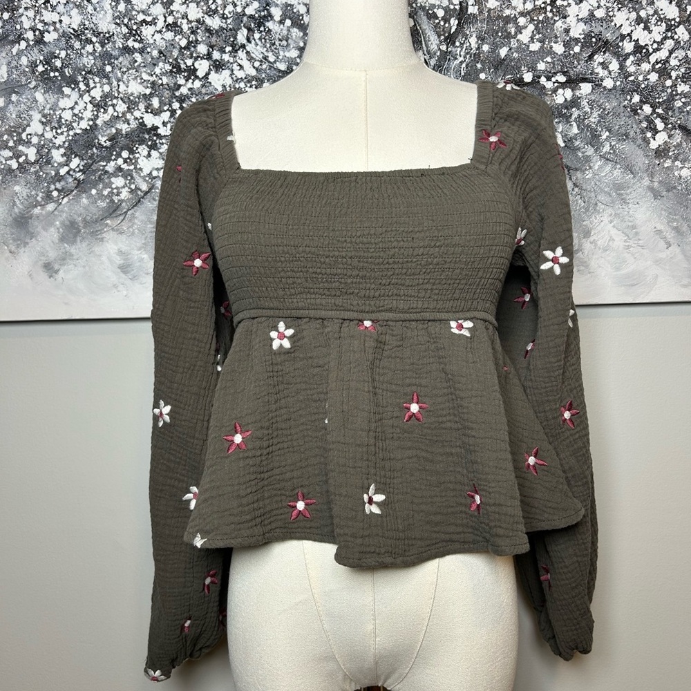 Altar’d state smocked peplum top Floral boho cottagecore blouse size small - Picture 2 of 14